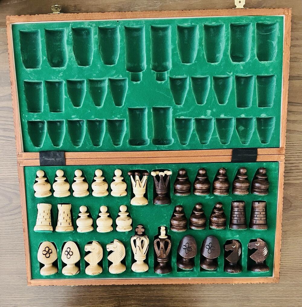 Vintage Hand Carved Wood Chess Set 19” Folding Board Storage Complete